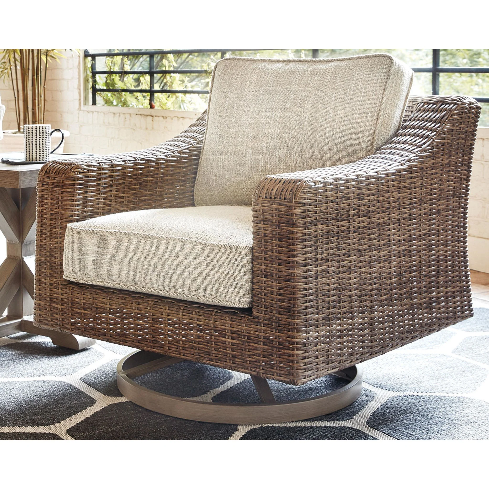 Beachcroft Outdoor Swivel Lounge Chair with Cushion - White/Beige - Image 13