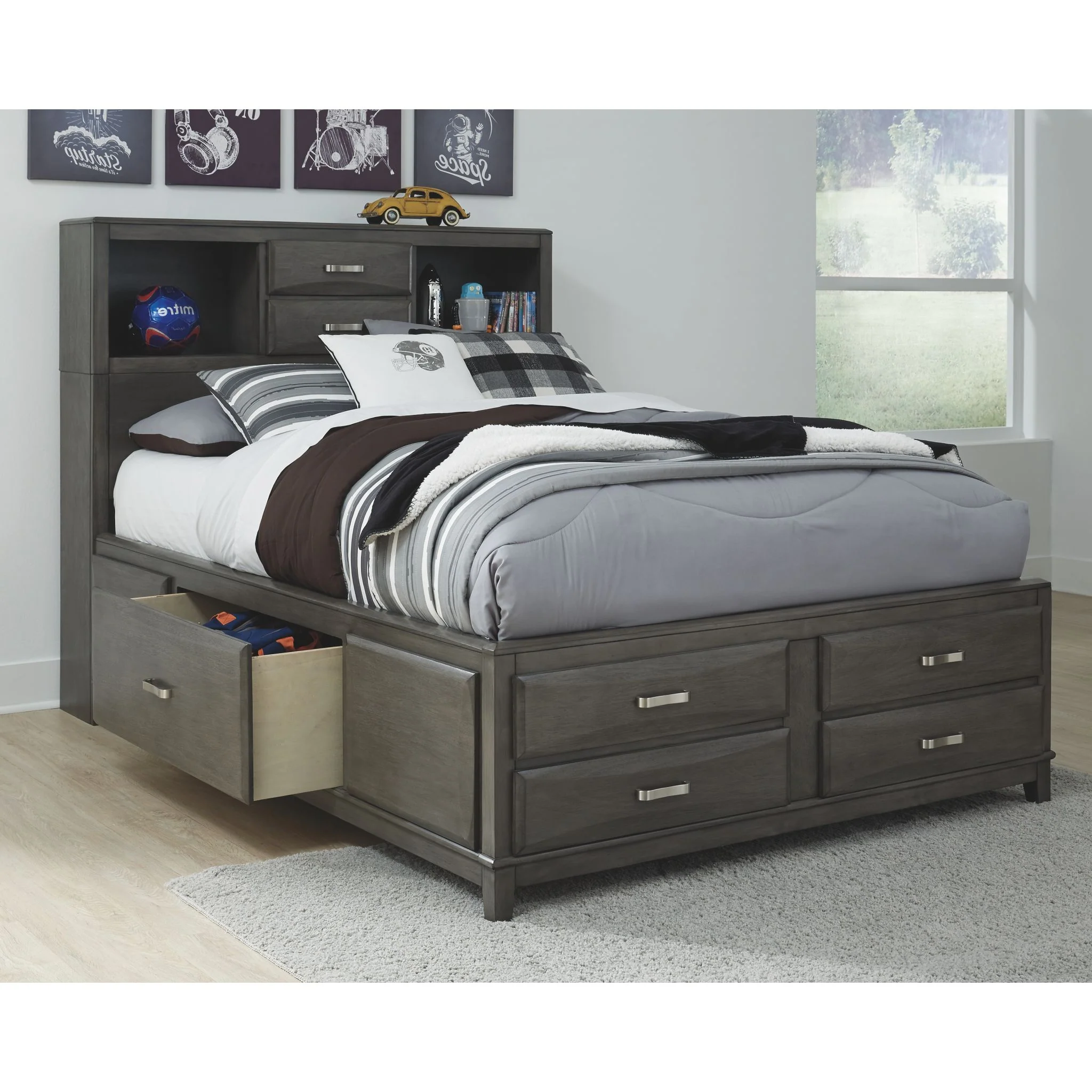 Caitbrook Full Bookcase Storage Bed - Gray - Image 3