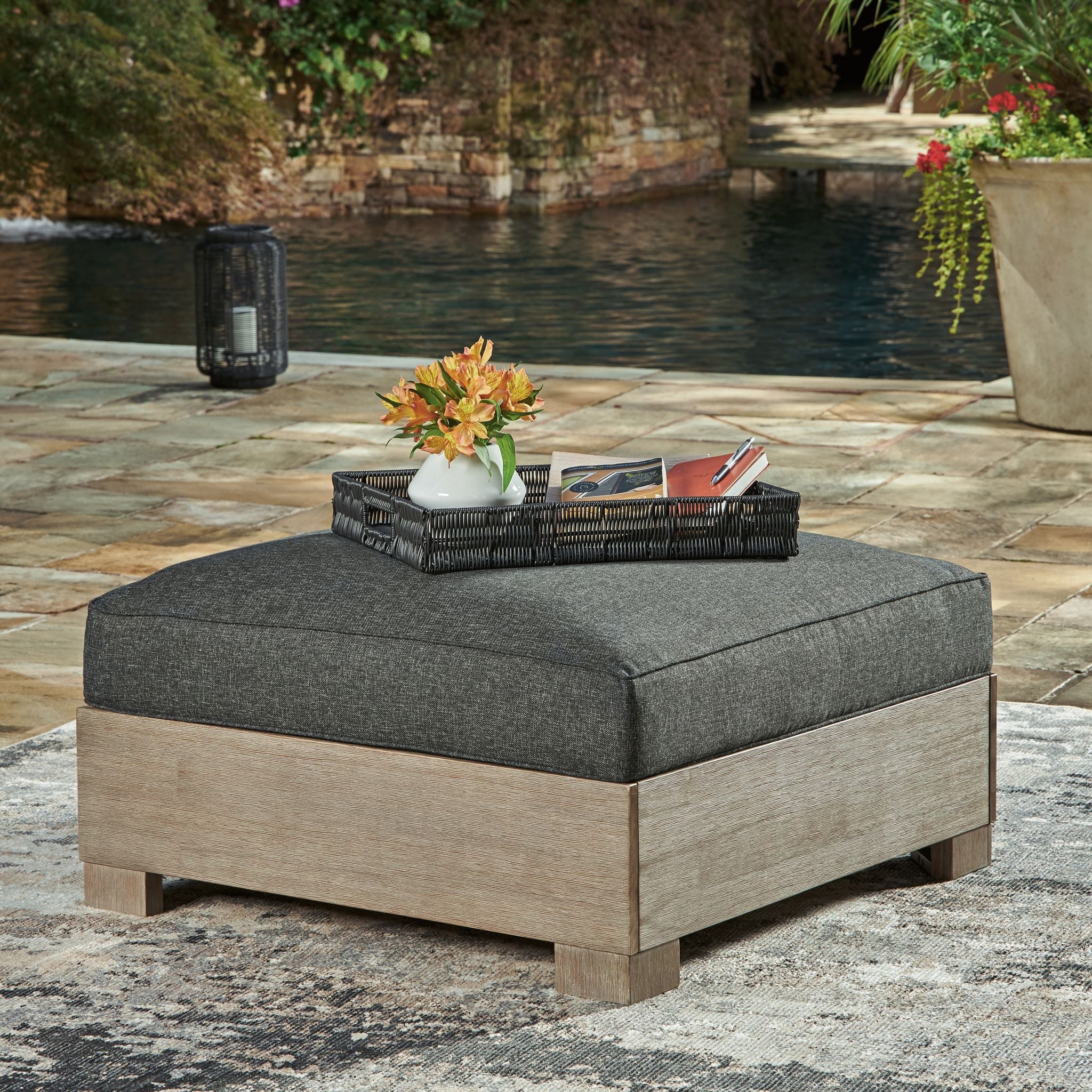 Citrine Park Outdoor Ottoman with Cushion - Charcoal/Brown - Image 2