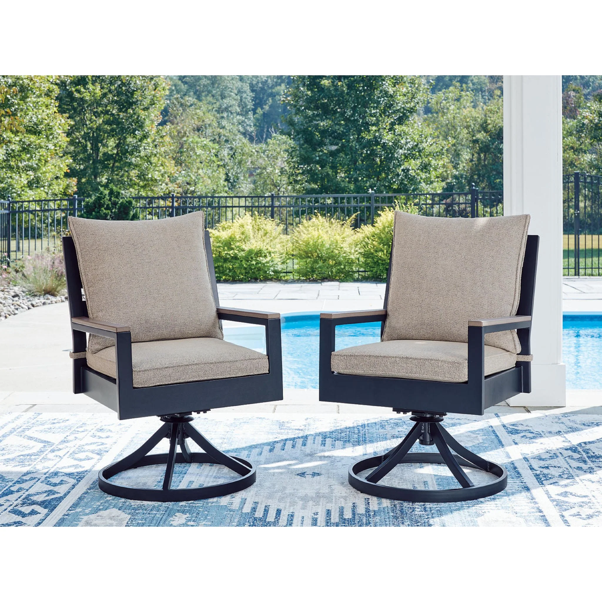 East Beach Outdoor Swivel Chair w/Cushion (set of 2) - Navy Blue/Driftwood - Image 2