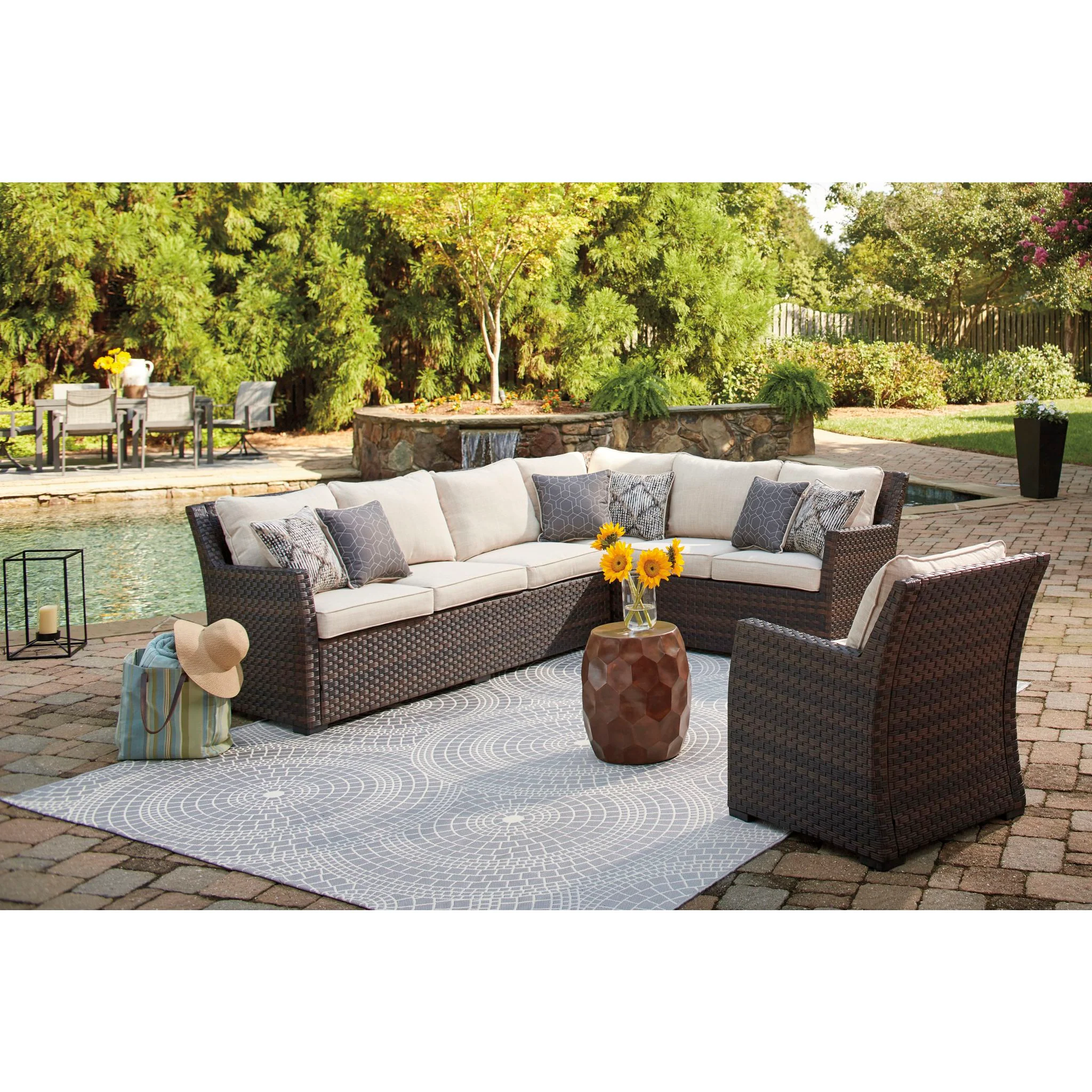 Easy Isle 2 Piece Outdoor Sectional with Chair - Dark Brown/Beige - Image 2