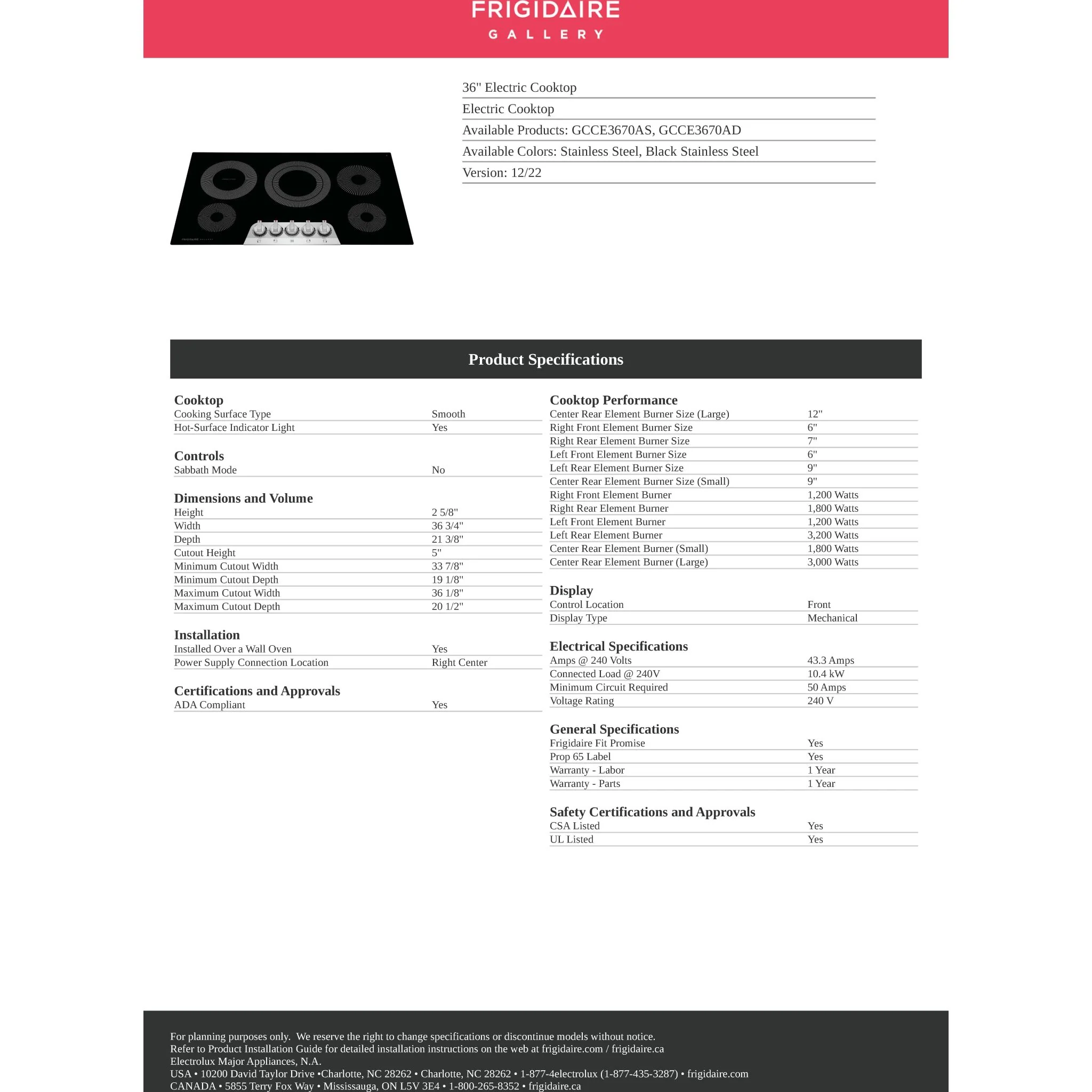 Frigidaire Gallery 36" Electric Cooktop - ( GCCE3670AS ) - Image 17
