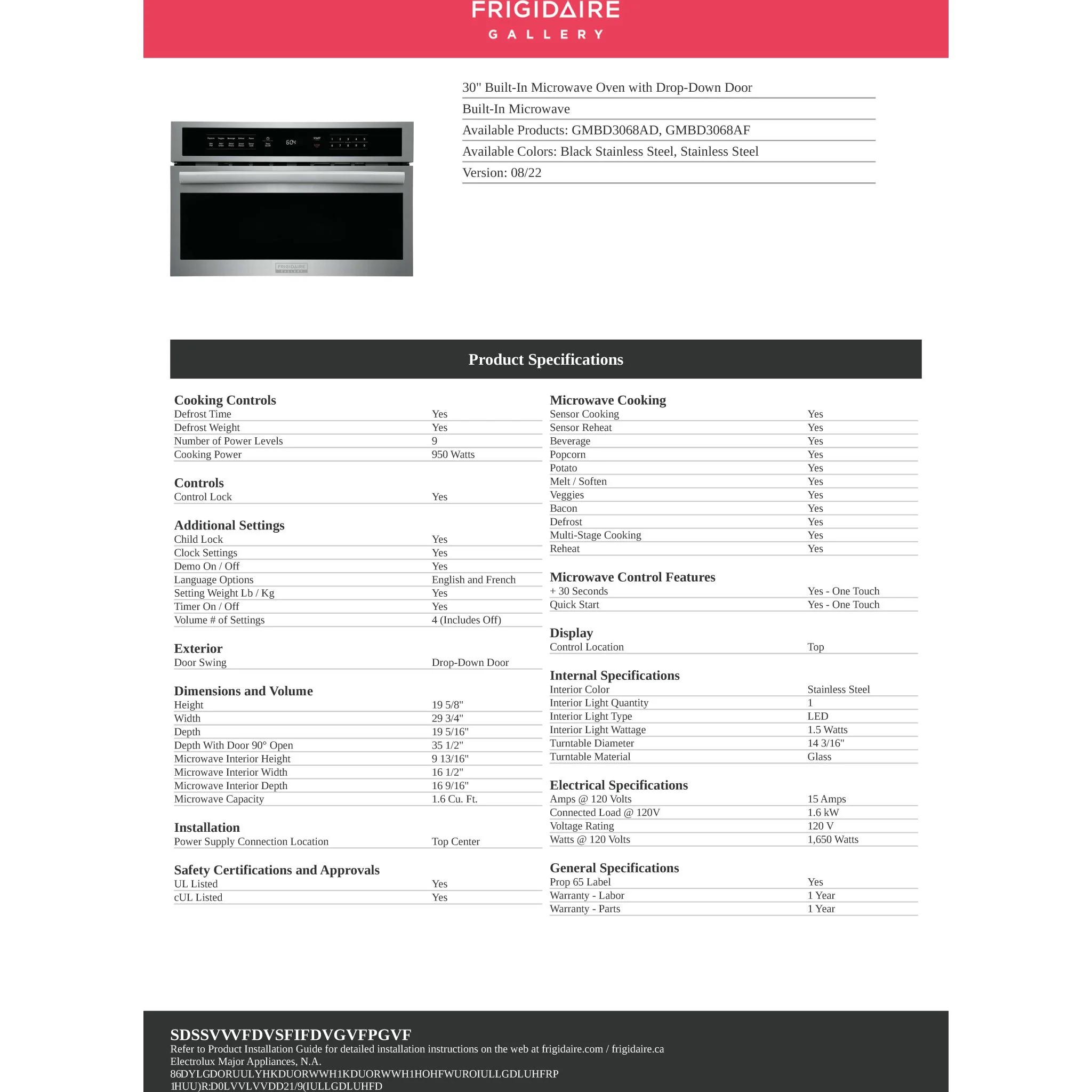 Frigidaire Gallery 30" Built-In Microwave Oven with Drop-Down Door - Stainless Steel ( GMBD3068AF ) - Image 12