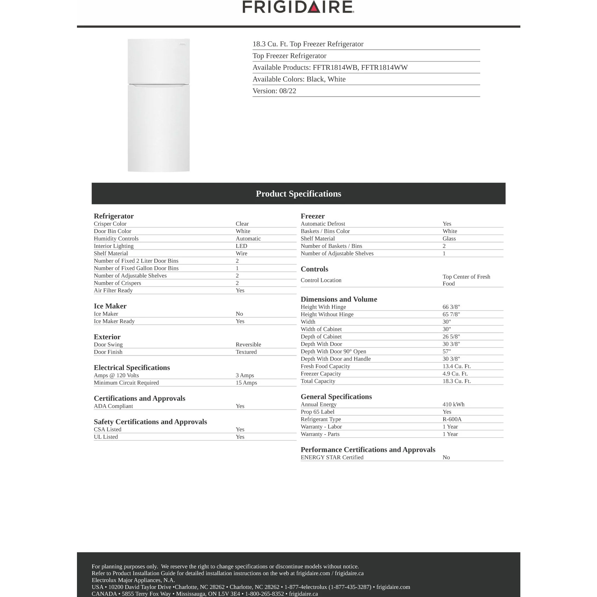 Frigidaire Top Mount Fridge (FFTR1814WW) - White - Image 7