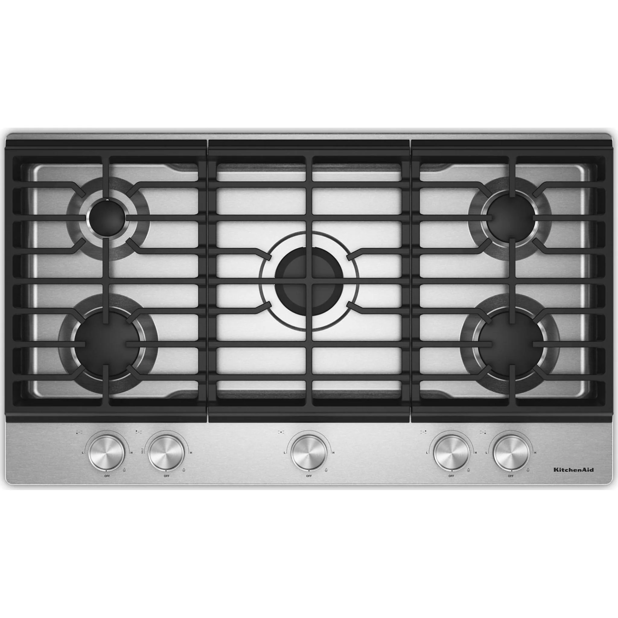 KitchenAid Gas-on-Metal Cooktop with 5 Versatile Burners and Edge-to-Edge Cast-Iron Grates - Stainless Steel (KCGK336SSS)