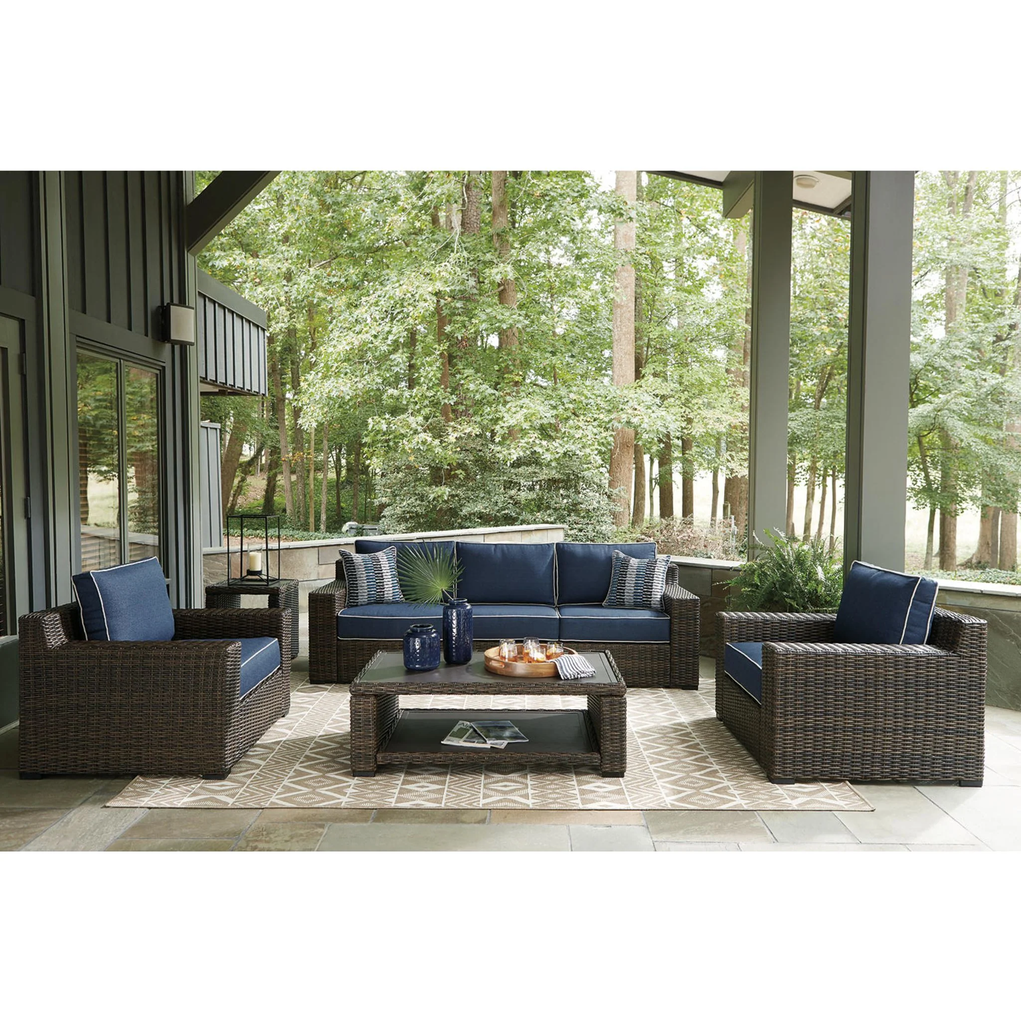 Grasson Lane Outdoor Sofa with Cushion - Brown/Blue - Image 10
