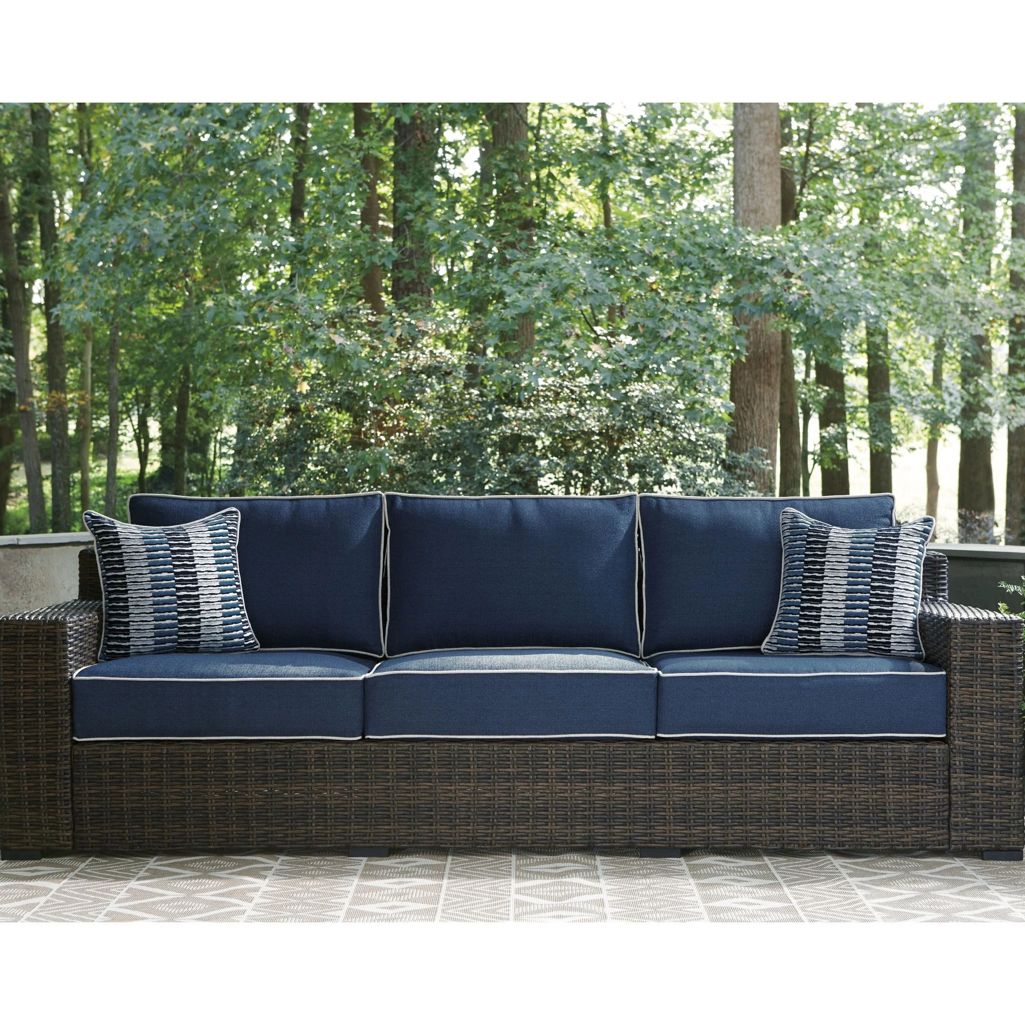 Grasson Lane Outdoor Sofa with Cushion - Brown/Blue - Image 2