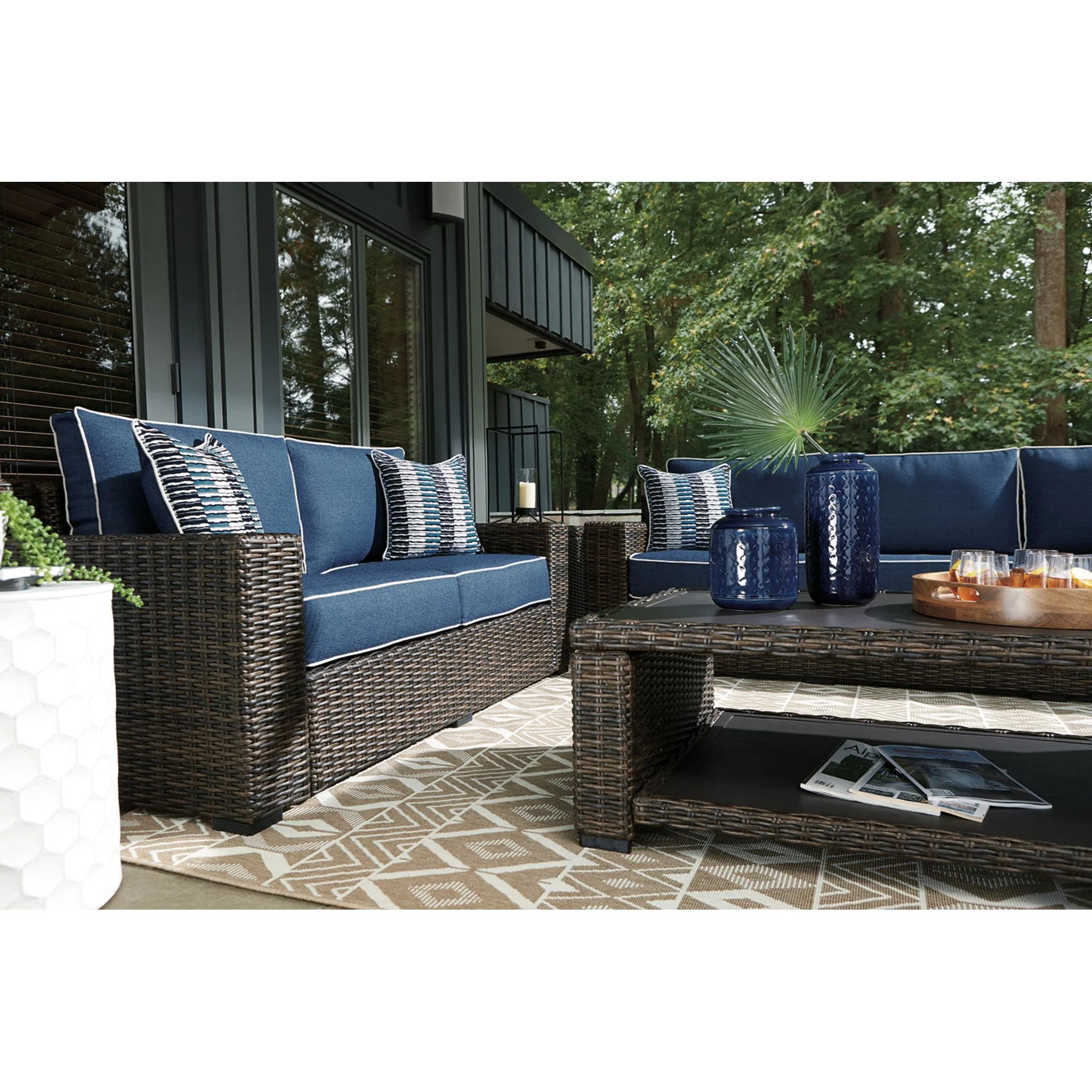 Grasson Lane Outdoor Sofa with Cushion - Brown/Blue - Image 6