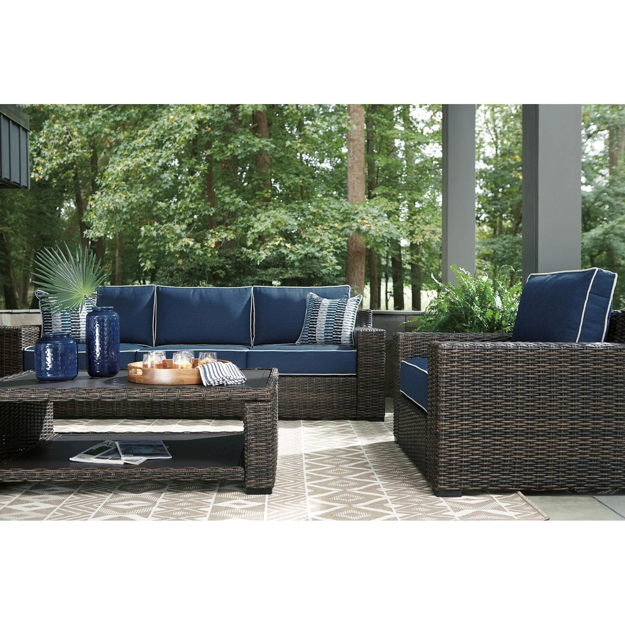 Grasson Lane Outdoor Sofa with Cushion - Brown/Blue - Image 8