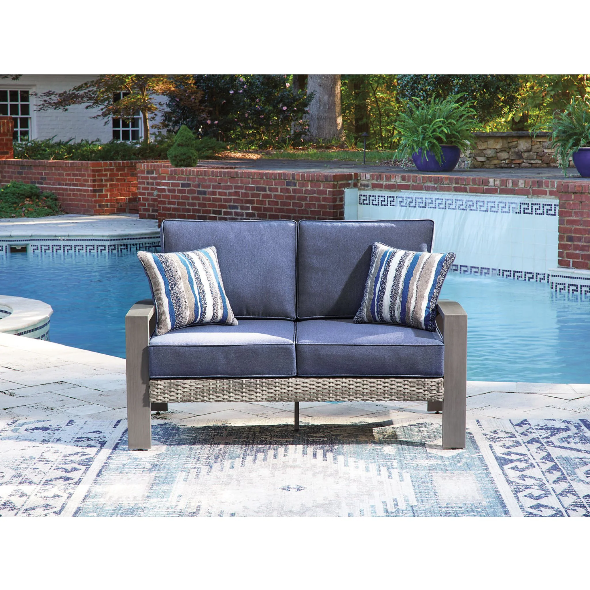 Half Moon Beach Outdoor Loveseat with Cushion - Blue/Gray - Image 2