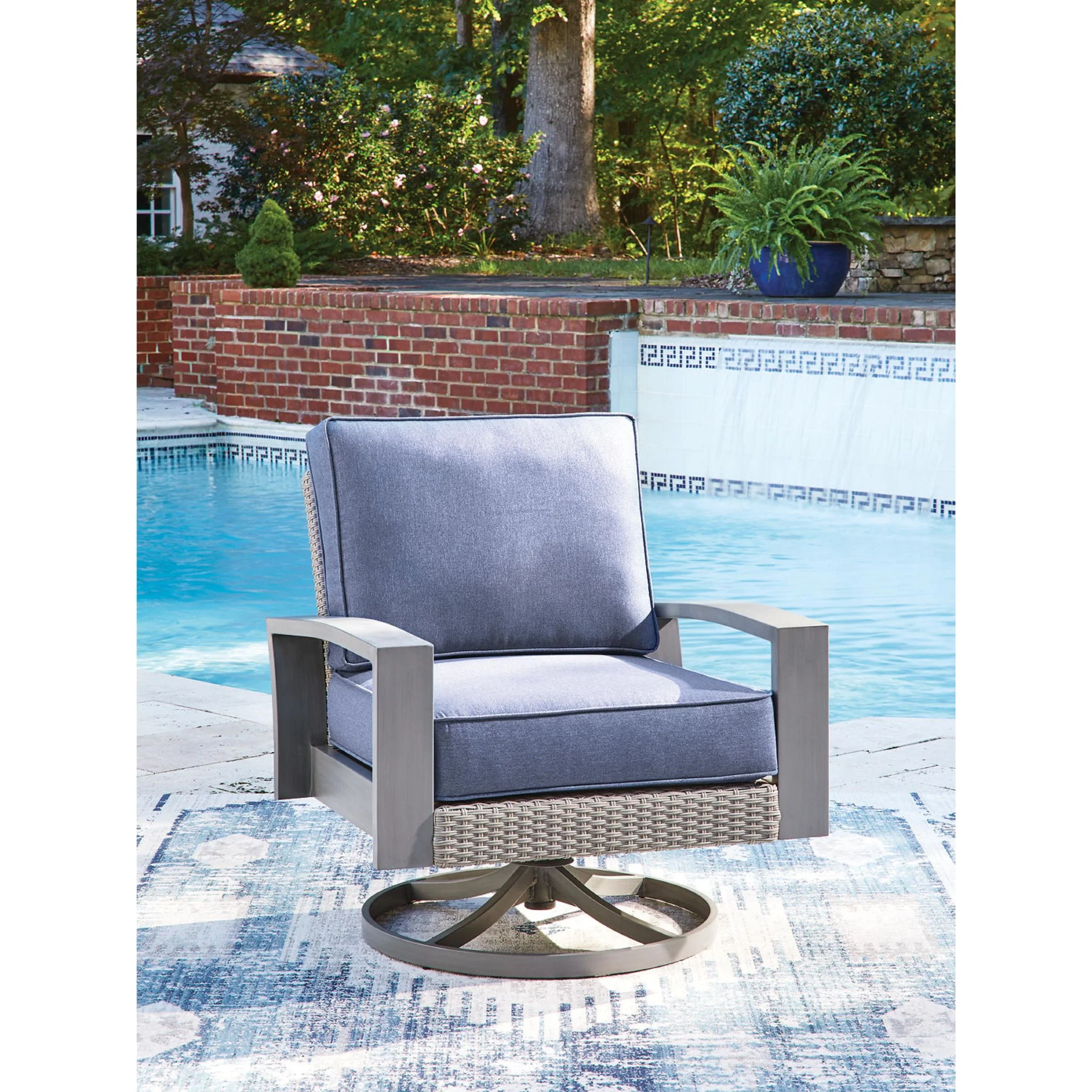 Half Moon Beach Outdoor Swivel Lounge Chair with Cushion - Blue/Gray - Image 2