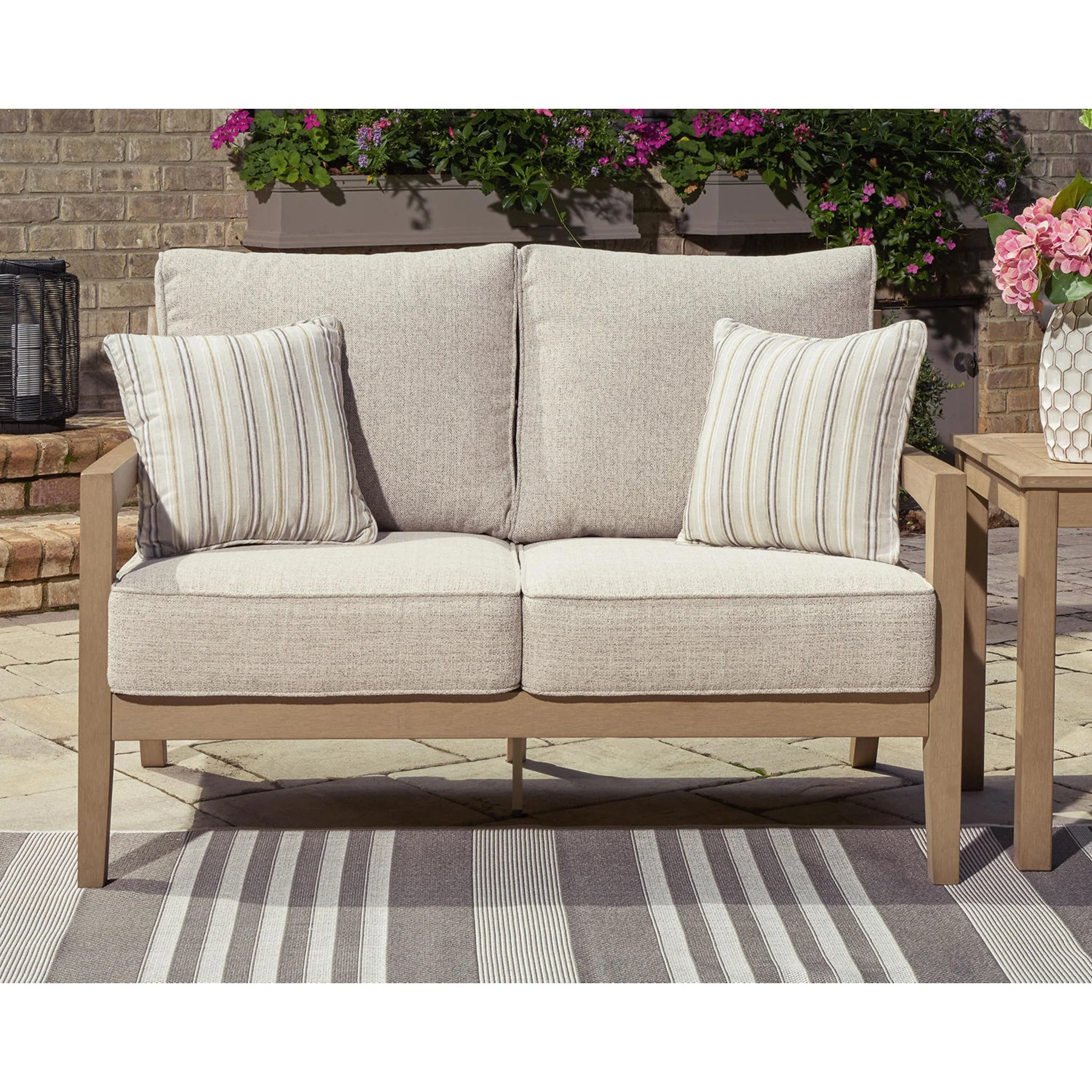 Hallow Creek Outdoor Loveseat with Cushion - Driftwood - Image 7