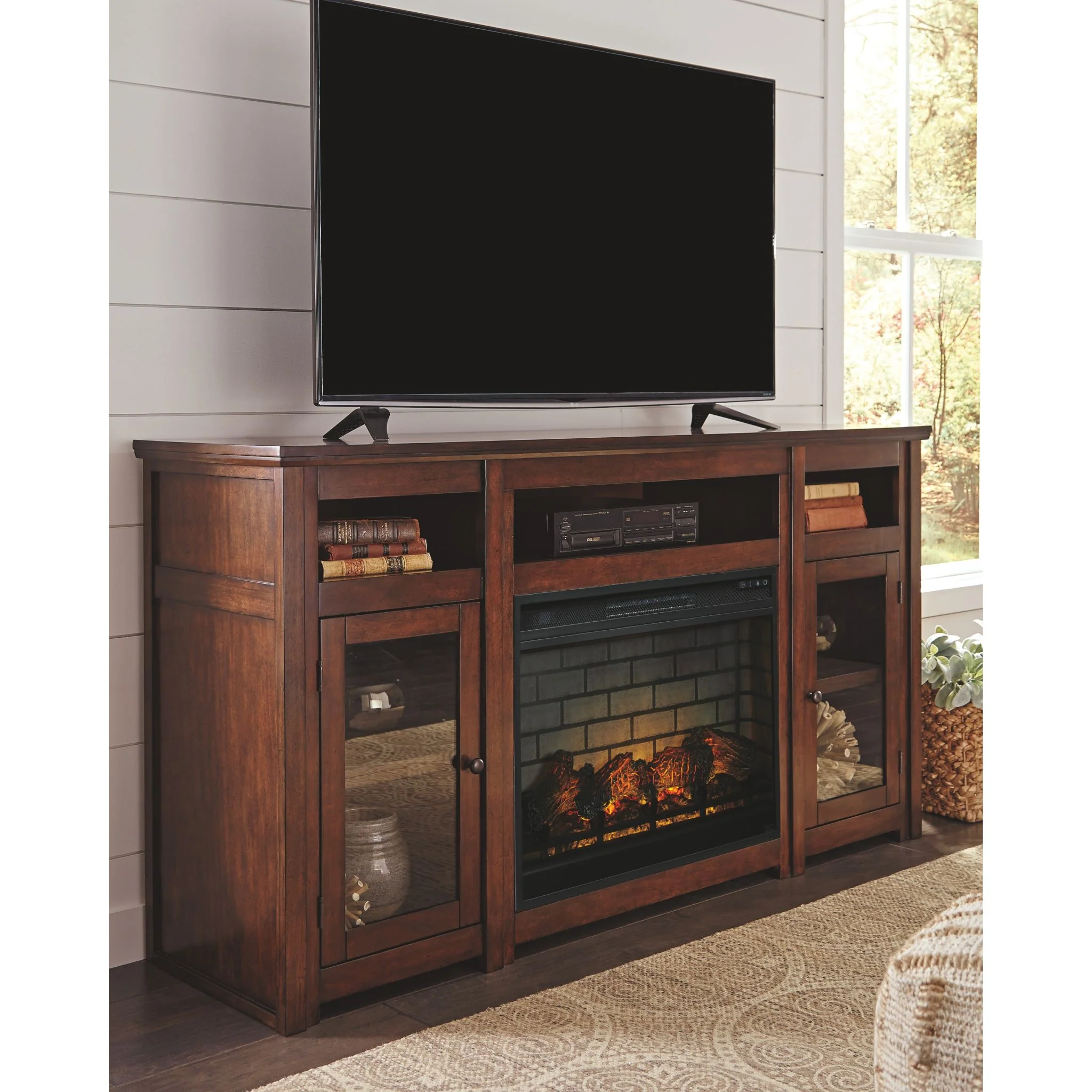 Harpan TV Stand with Fireplace - Reddish Brown - Image 2