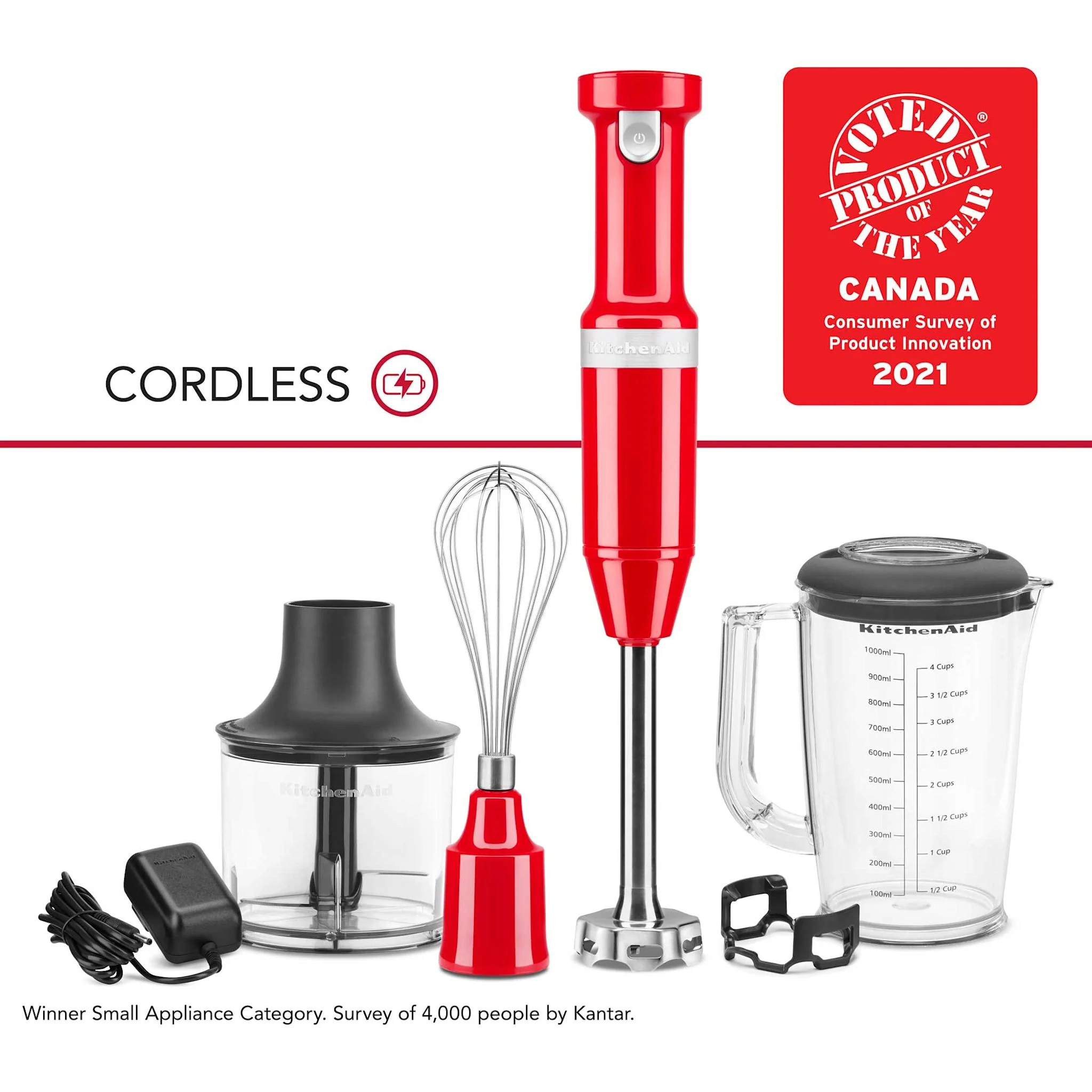 KitchenAid Cordless Variable Speed Hand Blender with Chopper and Whisk Attachment (KHBBV83PA) -Passion Red