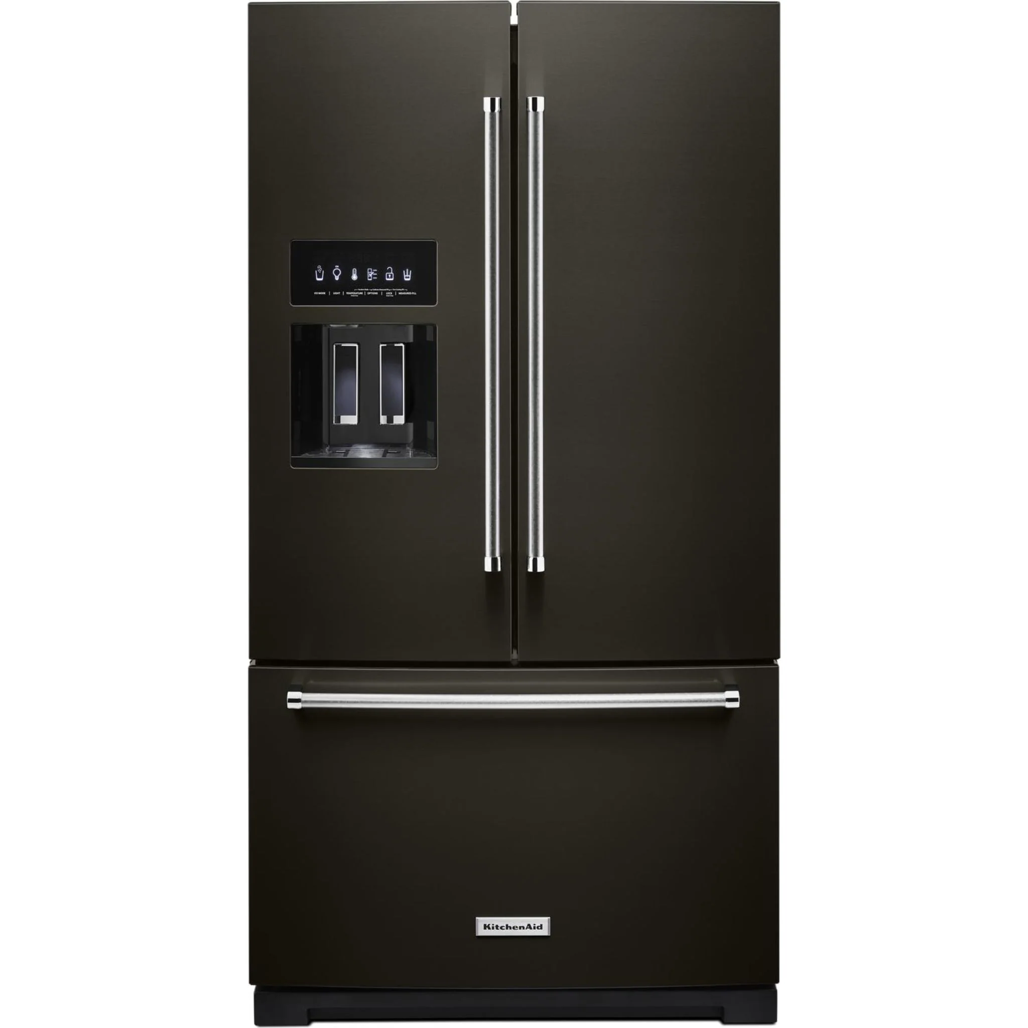 KitchenAid 26.8 cu.ft. Standard-Depth French Door Refrigerator with Exterior Ice and Water Dispenser - Black Stainless (KRFF577KBS)
