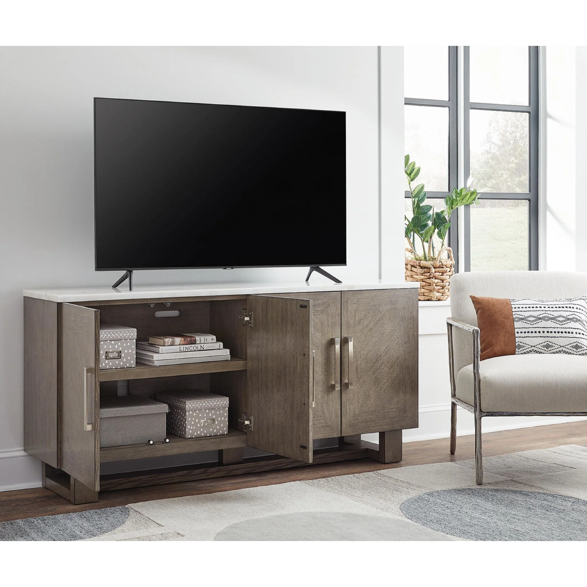 Loyaska TV Stand - Grayish Brown/White - Image 8