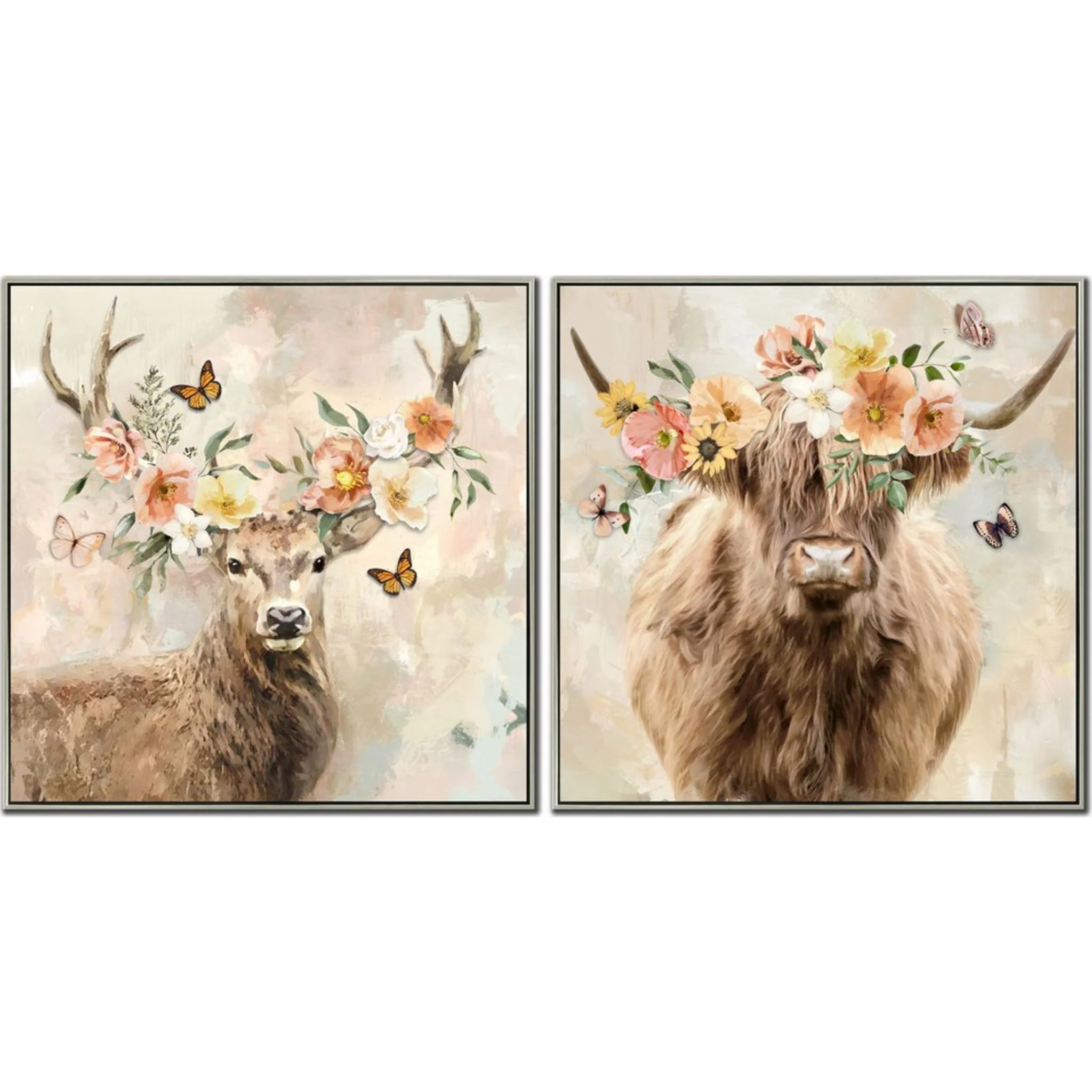 Peach Floral Antlers Wall Art (Set of 2) 37.00" x 37.00"