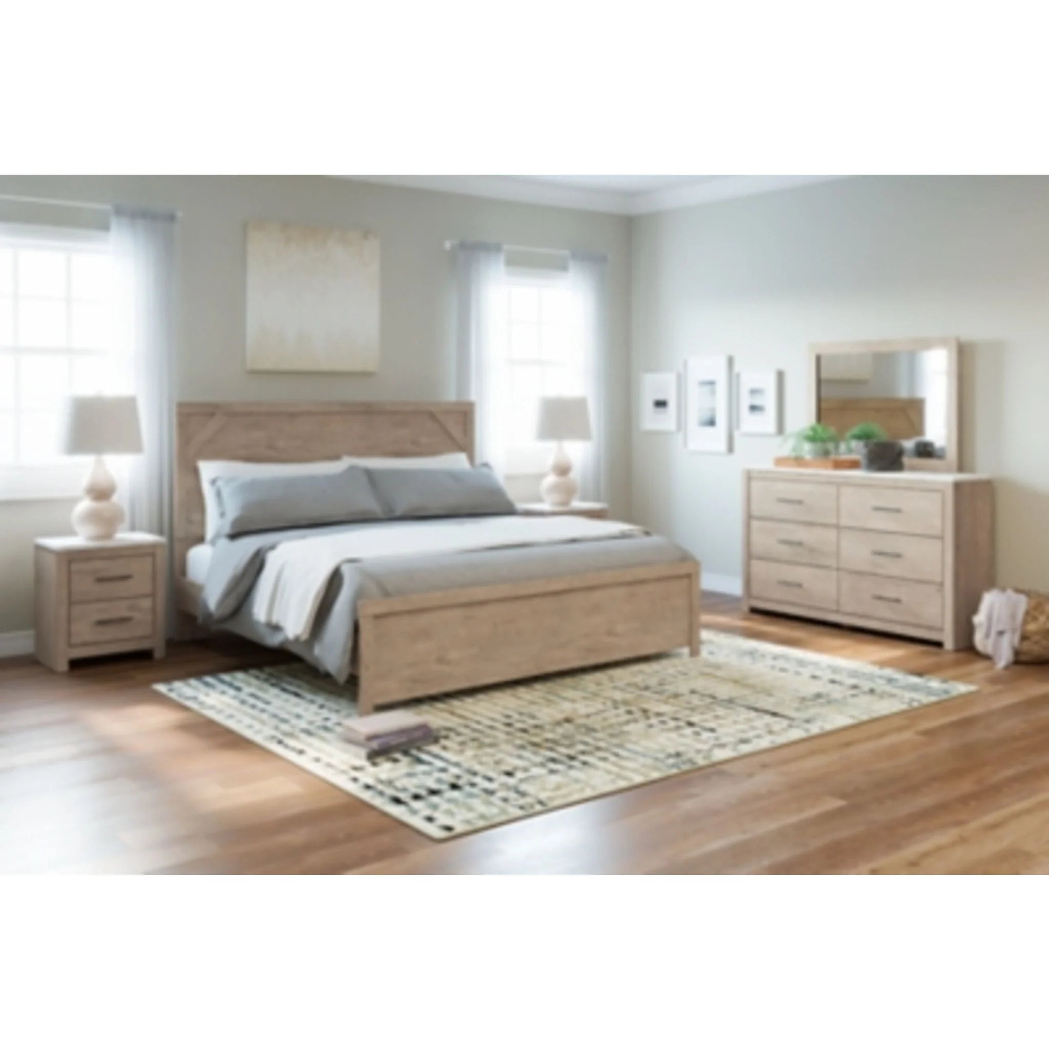 Senniberg 5 Piece King Panel Bedroom - Light Brown/White - Image 9