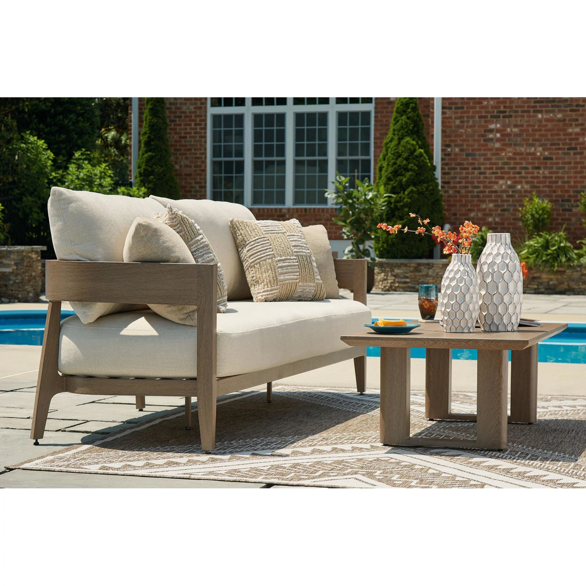 Serene Bay Outdoor Sofa with Cushion - Dark Brown/White - Image 6