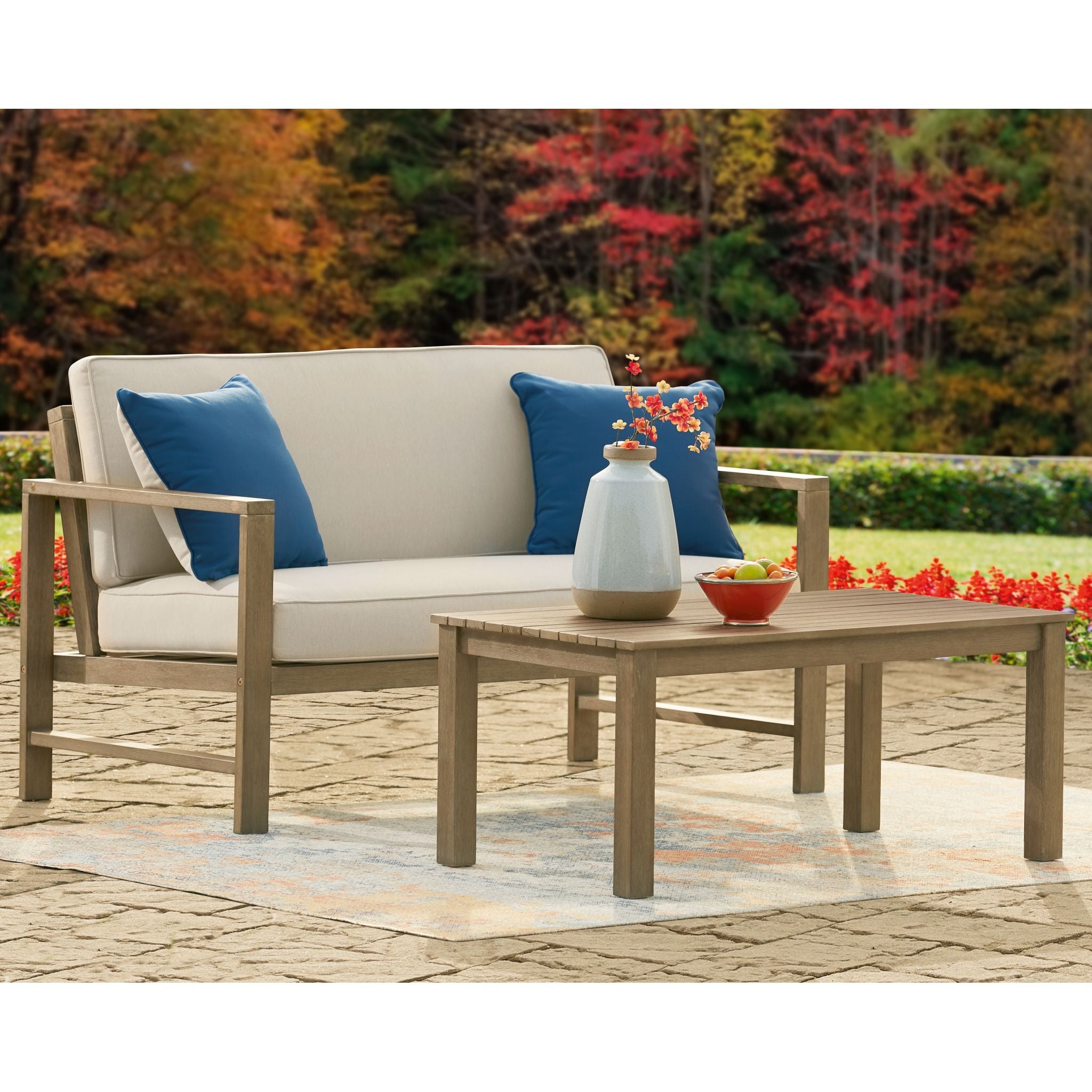 Fynnegan Outdoor Loveseat with Table - Light Brown - Image 2