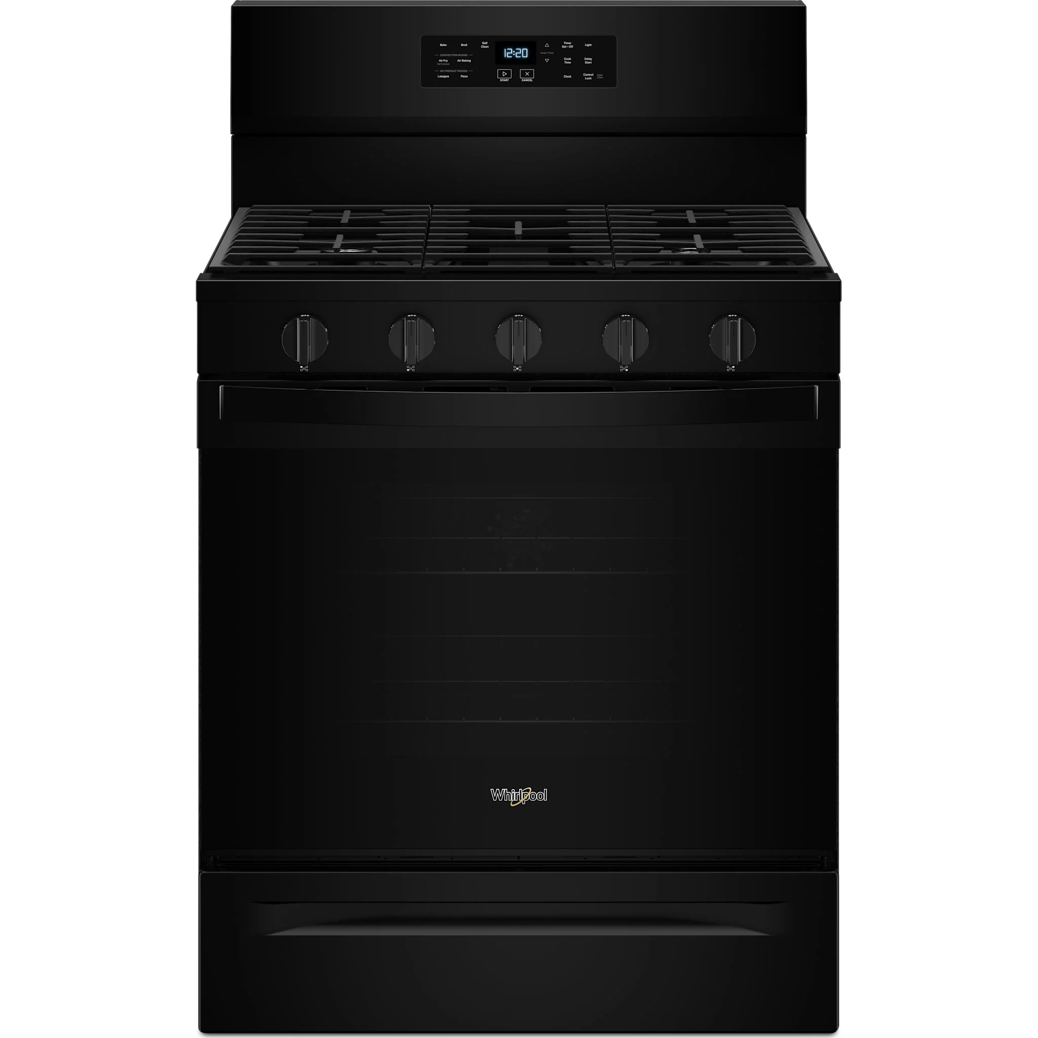 Whirlpool 30-inch Gas Range with Air Fry and Air Baking, Self Cleaning, Rapid Preheat 5.0 CuFt Capacity -Black (WFGS5030RB)