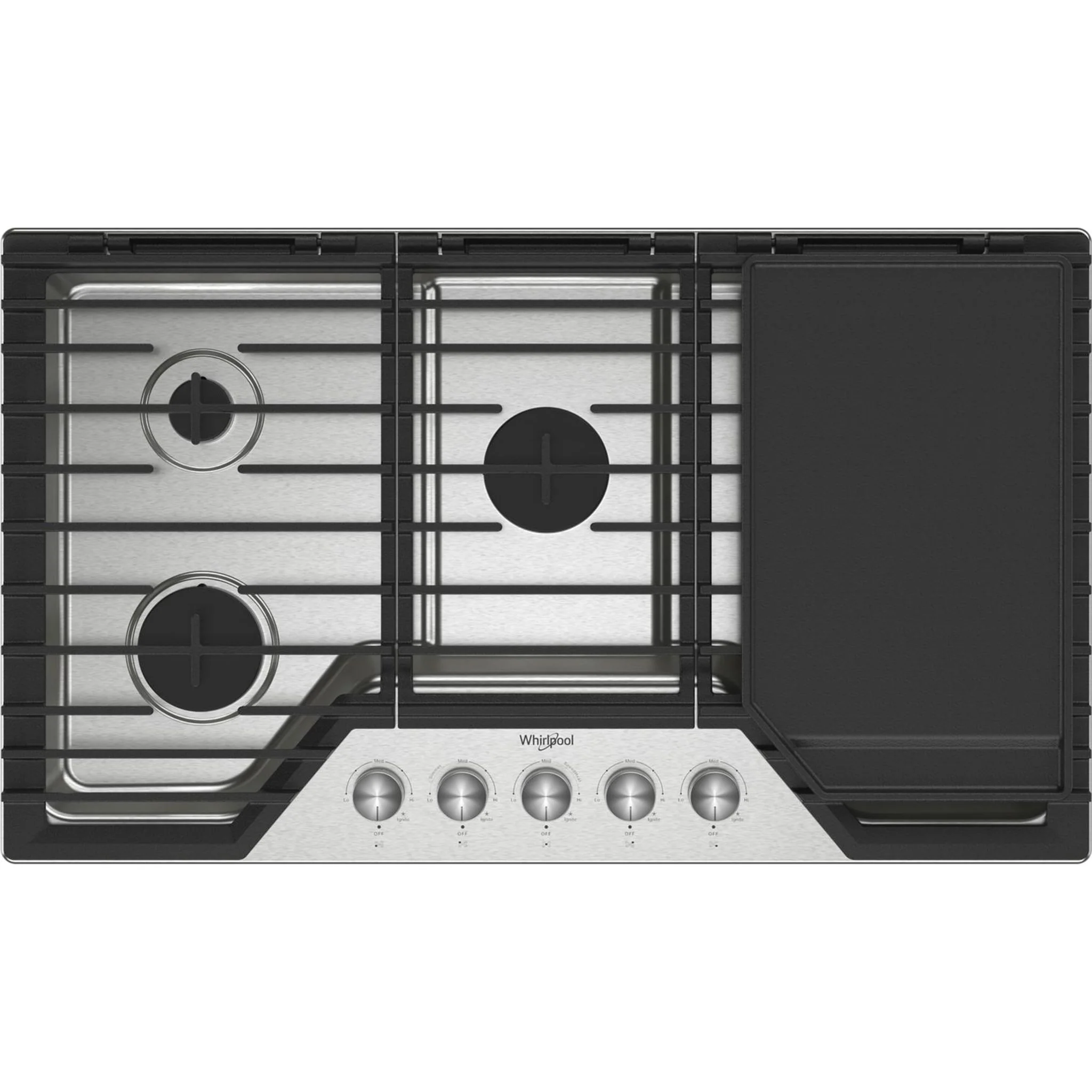 Whirlpool 36-inch Gas Cooktop with 2-in-1 Hinged Grate to Griddle -Stainless Steel (WCGK7536PS)