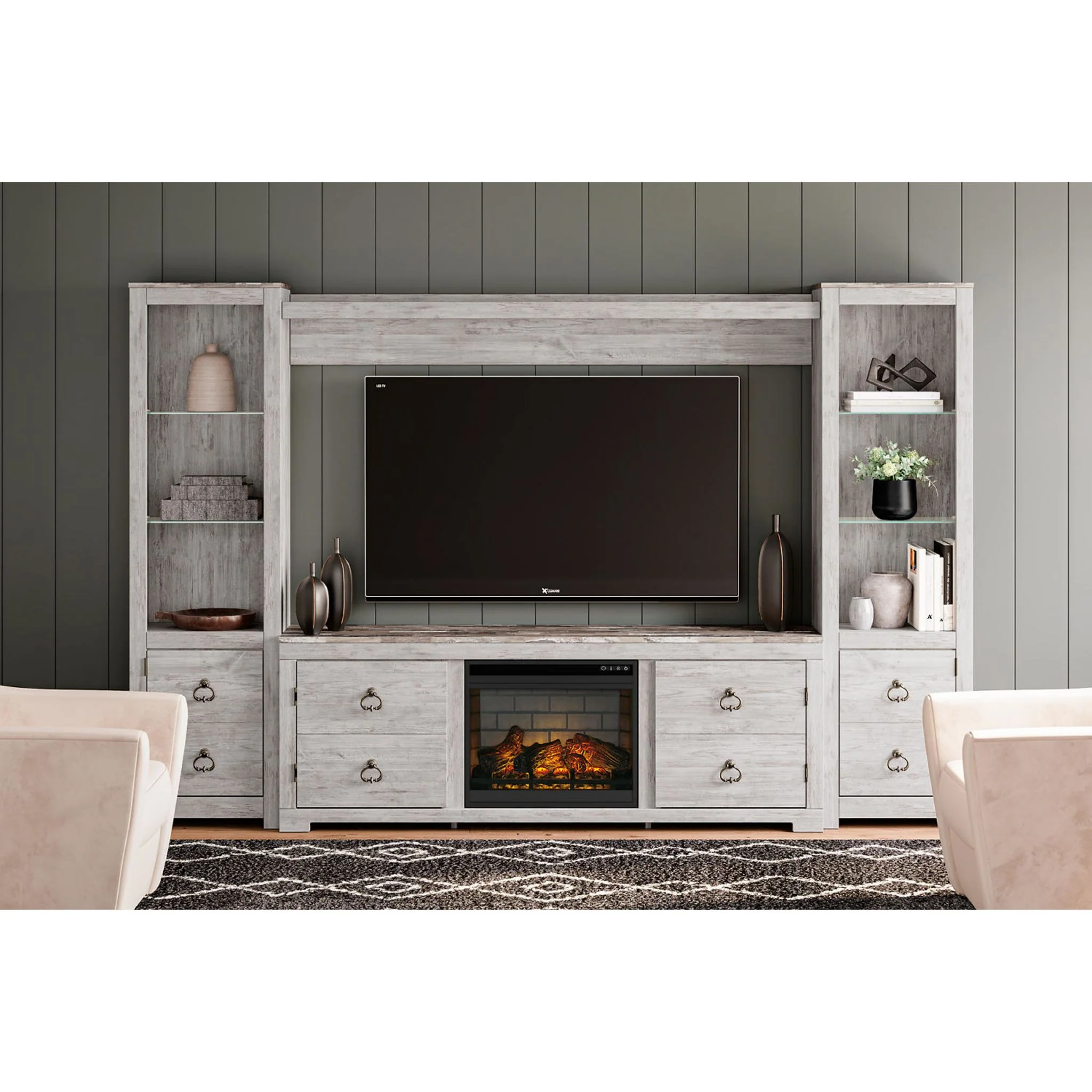 Willowton Entertainment Unit with Fireplace - Whitewash - Image 6
