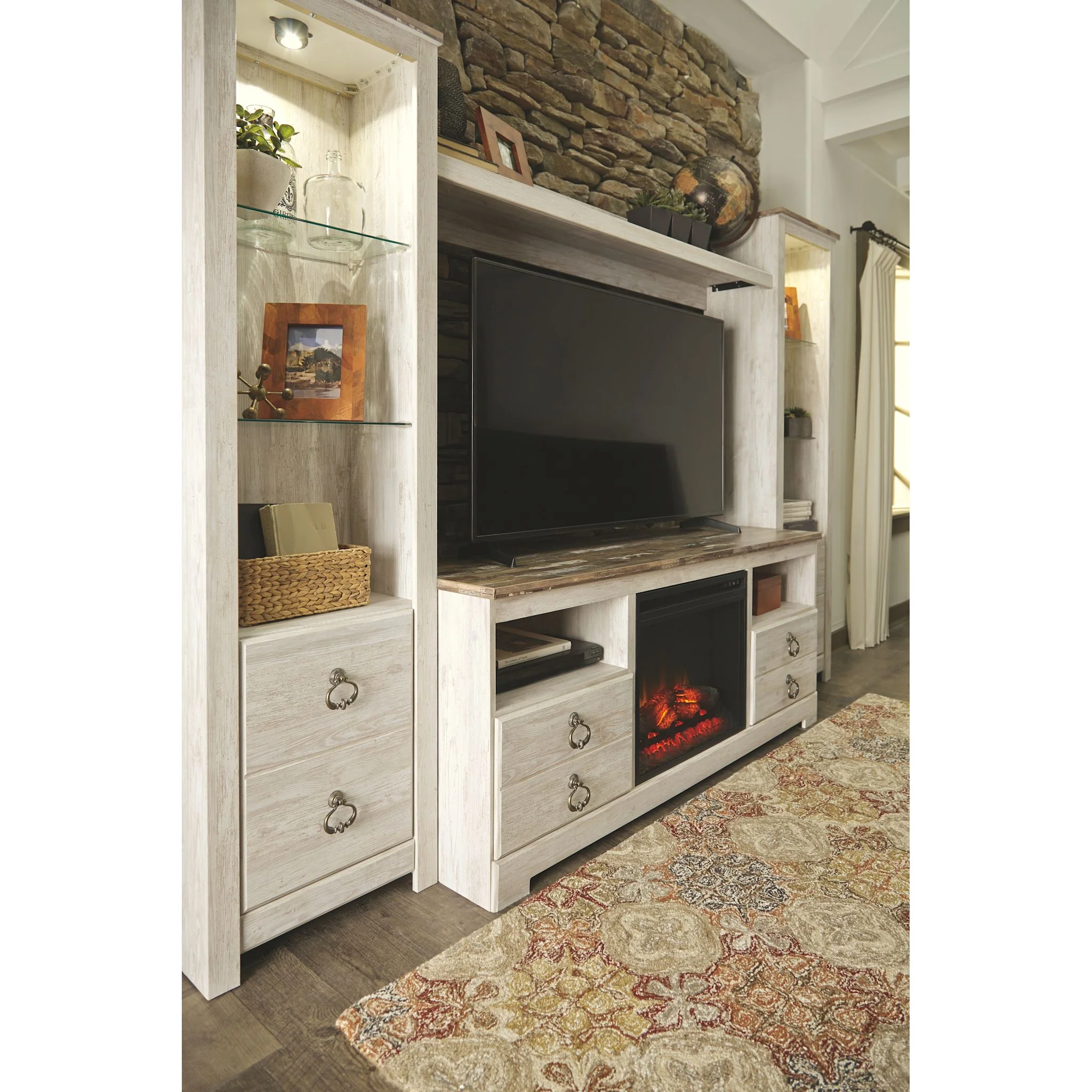 Willowton Entertainment Unit with Fireplace - Whitewash - Image 2