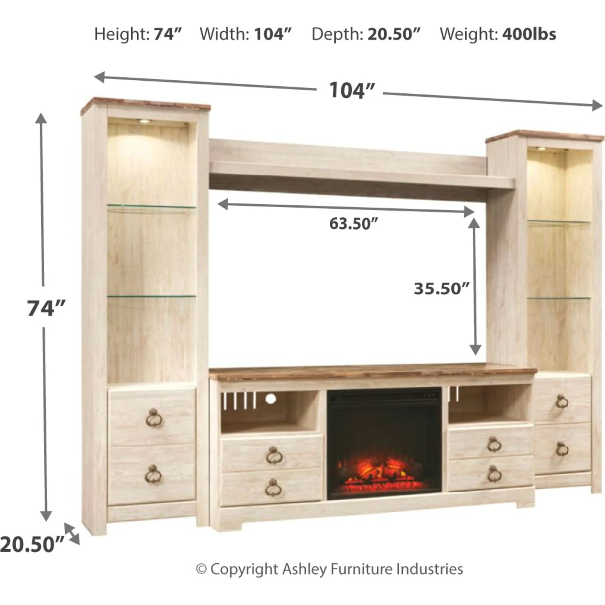 Willowton Entertainment Unit with Fireplace - Whitewash - Image 4