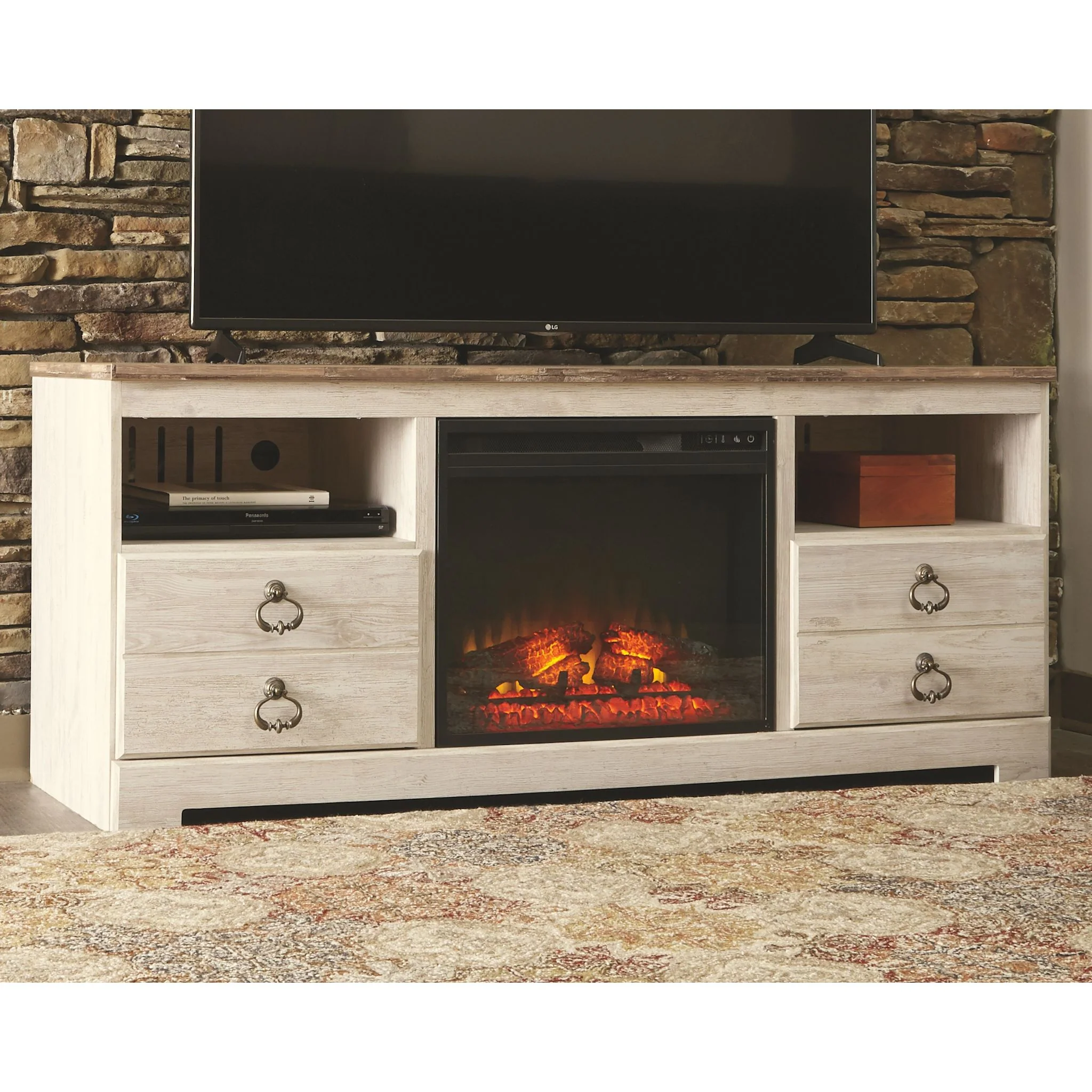 Willowton Entertainment Unit with Fireplace - Whitewash - Image 2