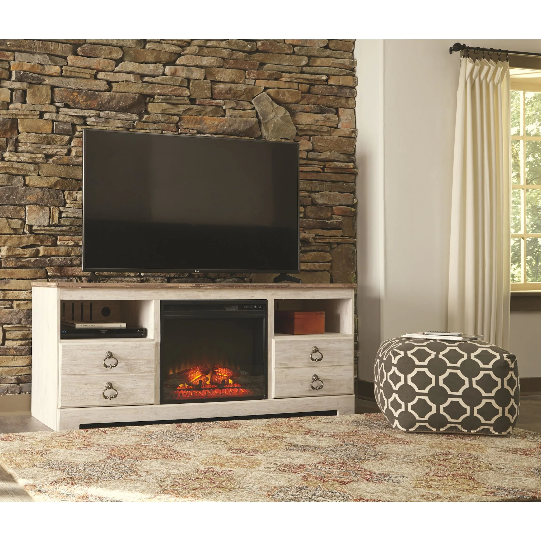 Willowton Entertainment Unit with Fireplace - Whitewash - Image 3