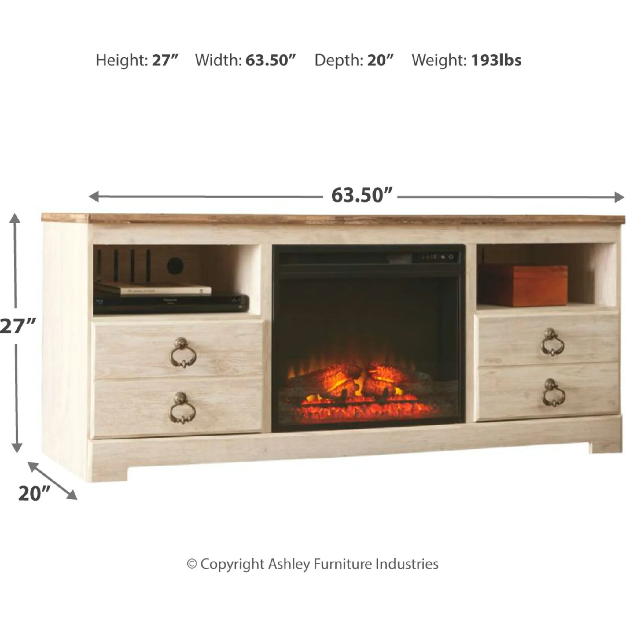 Willowton Entertainment Unit with Fireplace - Whitewash - Image 4