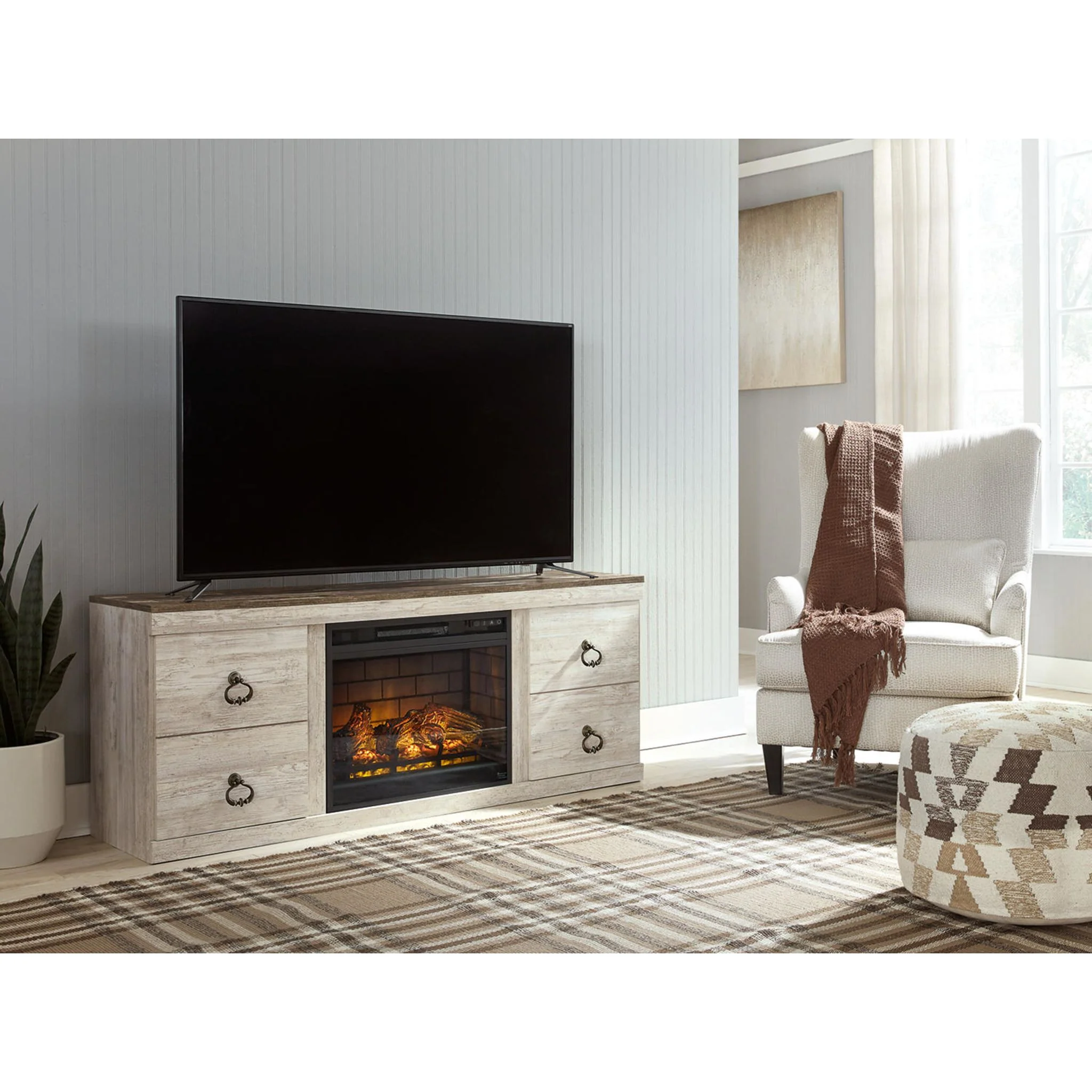 Willowton TV Stand with Fireplace - Whitewash - Image 2