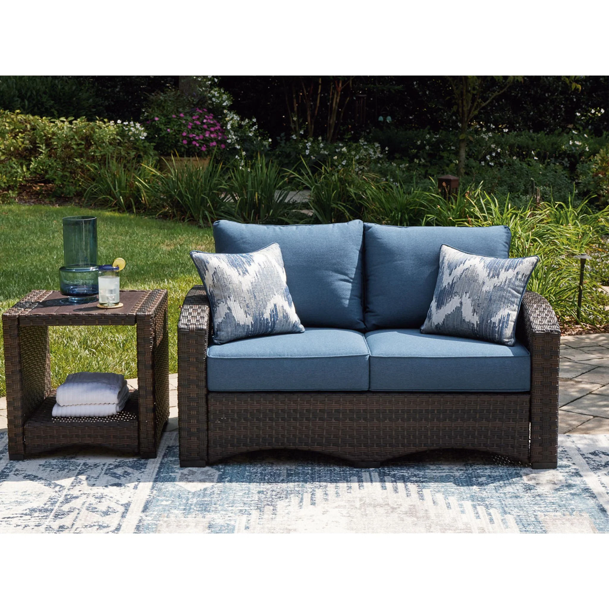 Windglow Outdoor Loveseat with Cushion - Blue/Brown - Image 11